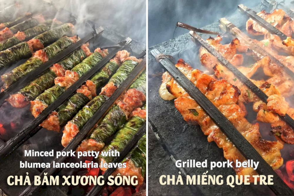 The defining feature of Bun Cha Que Tre Binh Chung is its unique use of fresh bamboo skewers